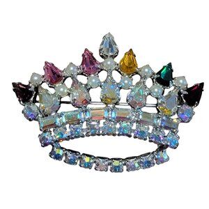 B David Crown Brooch Pin Family Crown Pin Rhinestones Faux Pearls Vintage